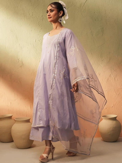Dhiyona IS Women's Striped Embroidered Gotta Patti Pure Cotton A-Line Kurta With Trousers And Dupatta