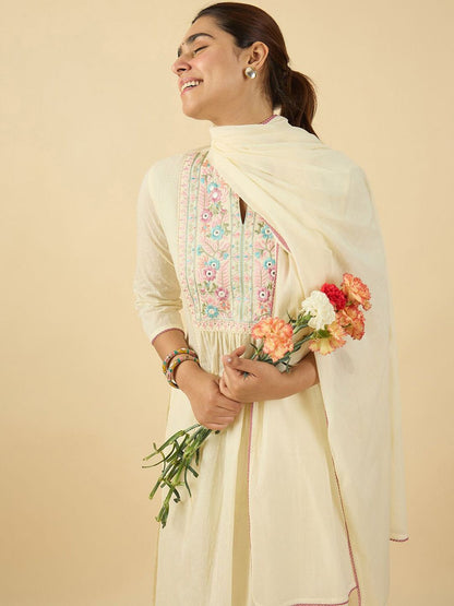Dhiyona IE Floral Embroidered Mandarin Collar A Line Pure Cotton Kurta With Trouser &Dupatta