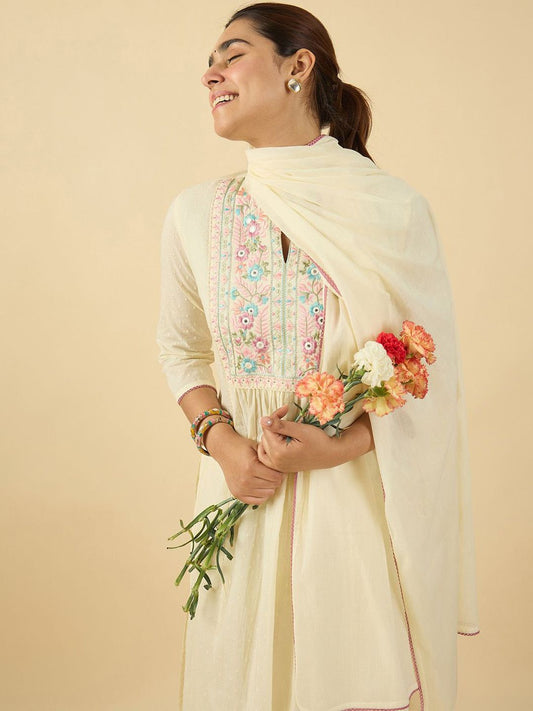 Dhiyona IE Floral Embroidered Mandarin Collar A Line Pure Cotton Kurta With Trouser &Dupatta