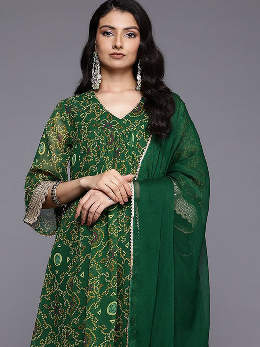 Dhiyona VA Women'sBandhani Printed Empire Gotta Patti Kurta With Trousers & Dupatta