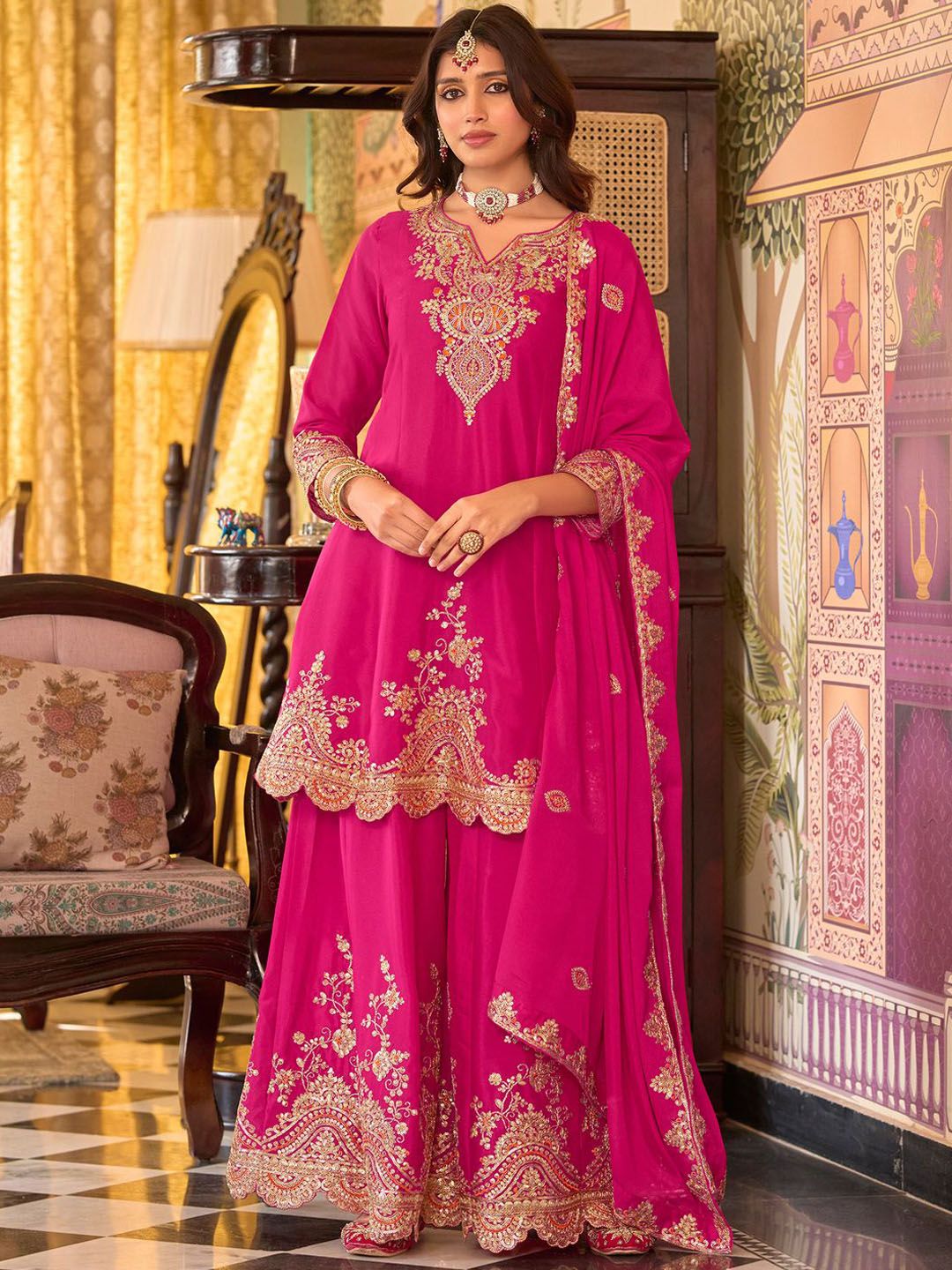 Floral Embroidered Sequinned Chinon A-Line Kurta With Palazzos & Dupatta