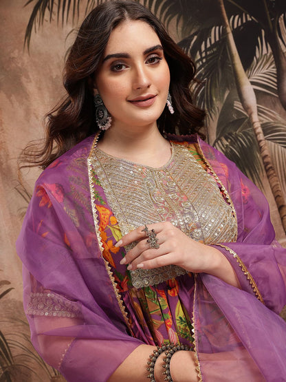 Dhiyona SN Women's Floral Print Gotta Patti Kurta with Sharara & Dupatta