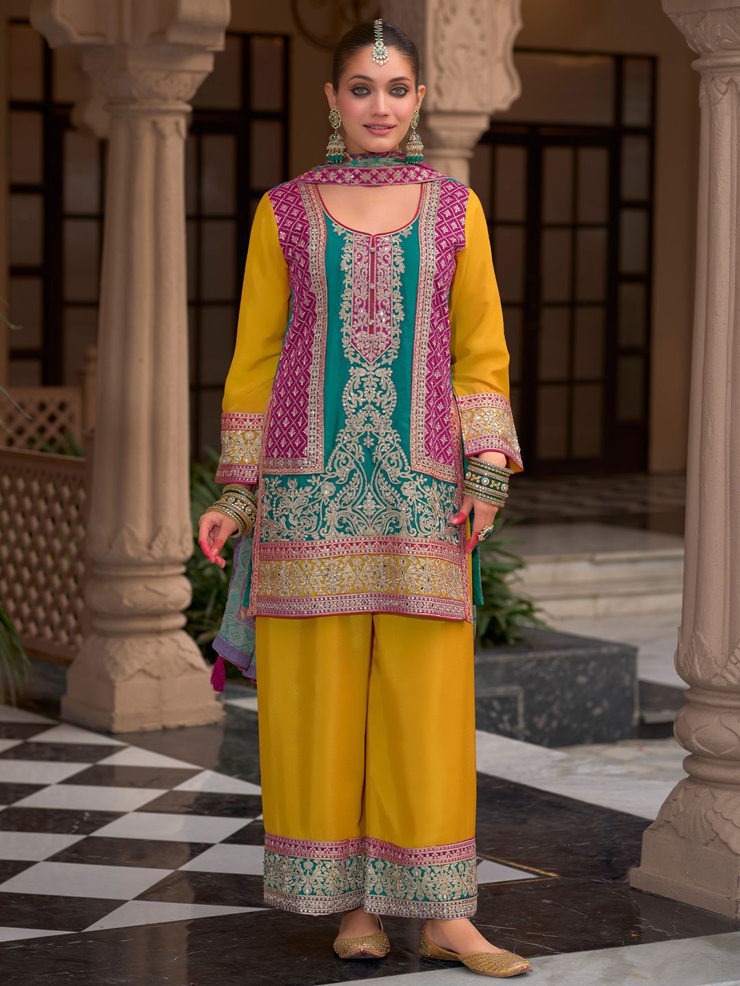 Dhiyona IE Floral Embroidered Round Neck Mirror Work Kura With Palazzos & Dupatta