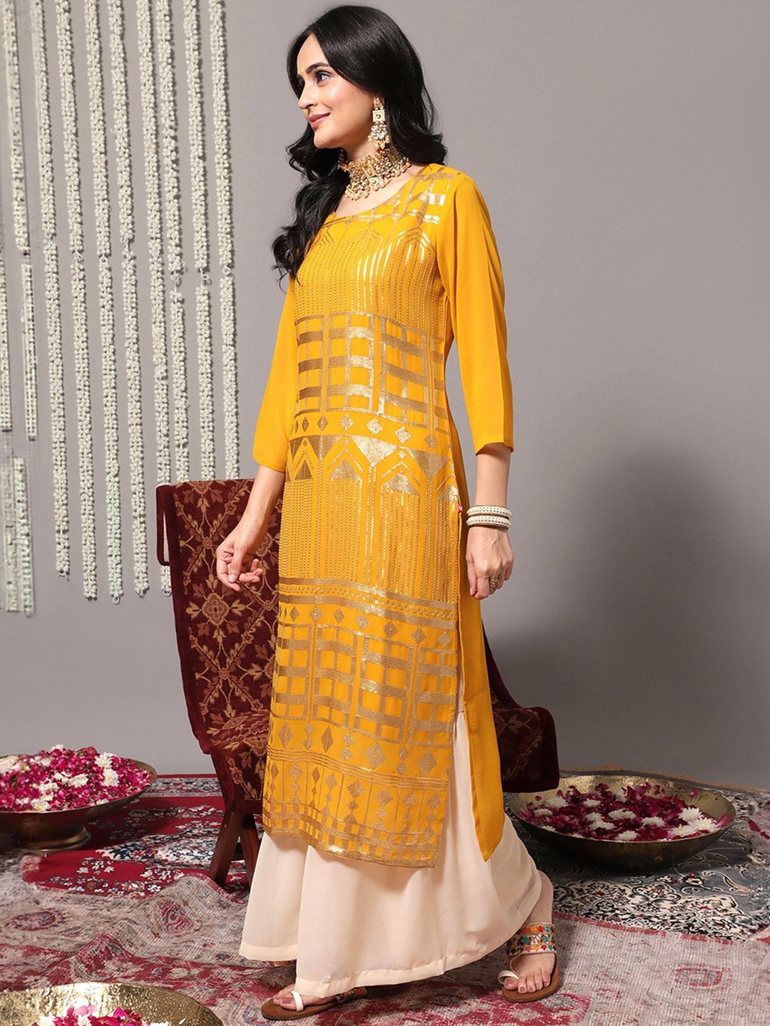 Dhiyona VA Women'sEthnic Motifs Embroidered Sequinned Detail Straight Kurta & Sharara With Dupatta