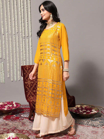 Dhiyona VA Women'sEthnic Motifs Embroidered Sequinned Detail Straight Kurta & Sharara With Dupatta