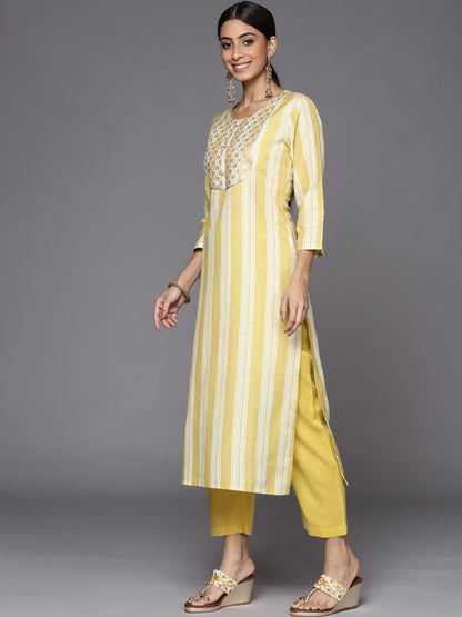 Dhiyona VA Women's Yellow Striped Sequinned Kurta with Trousers & With Dupatta