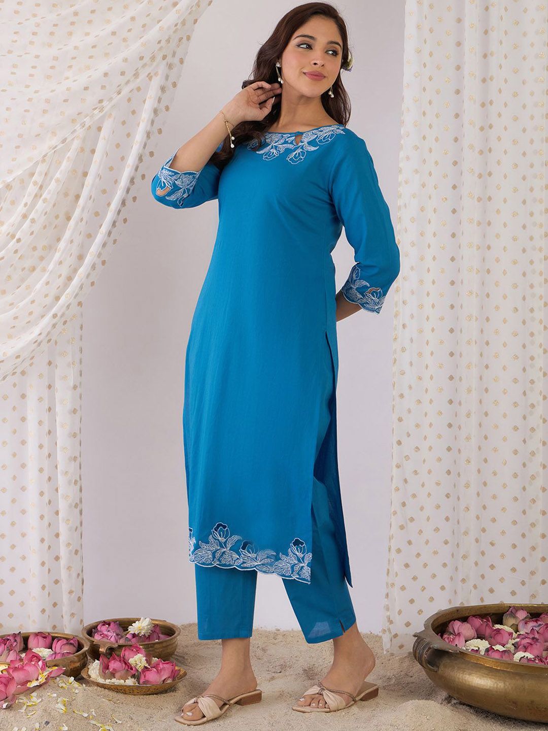 Dhiyona IE Floral Yoke Design Thread Work Pure Cotton Kurta With Trousers