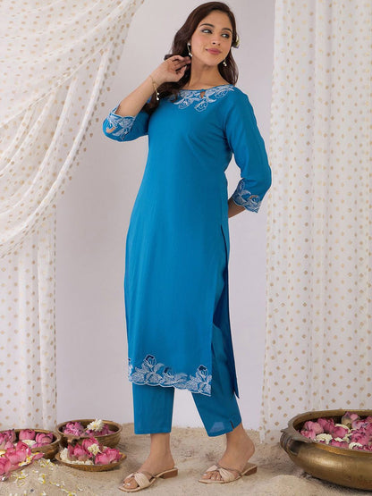 Dhiyona IE Floral Yoke Design Thread Work Pure Cotton Kurta With Trousers