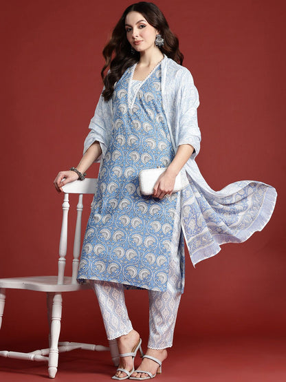 Floral Printed Pure Cotton Kurta with Trousers & With Dupatta