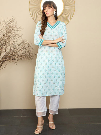 Dhiyona IE White Floral Printed V-Neck Pure Cotton Kurta