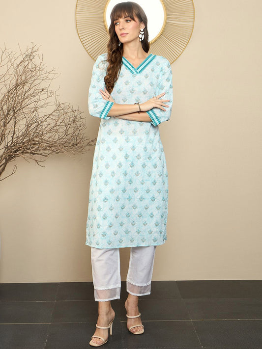 Dhiyona IE White Floral Printed V-Neck Pure Cotton Kurta