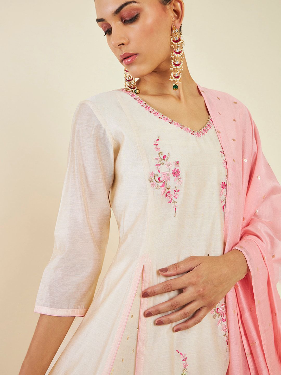 Dhiyona SO Women's Floral Embroidered A-Line Layered Pure Cotton Kurta with Trousers & Dupatta
