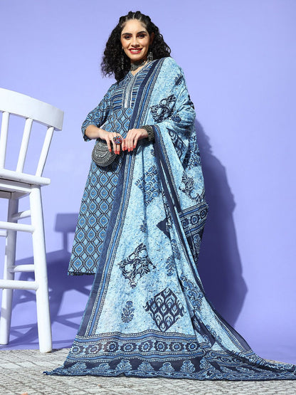Women Blue Cotton Blend i Suit Kurta Set