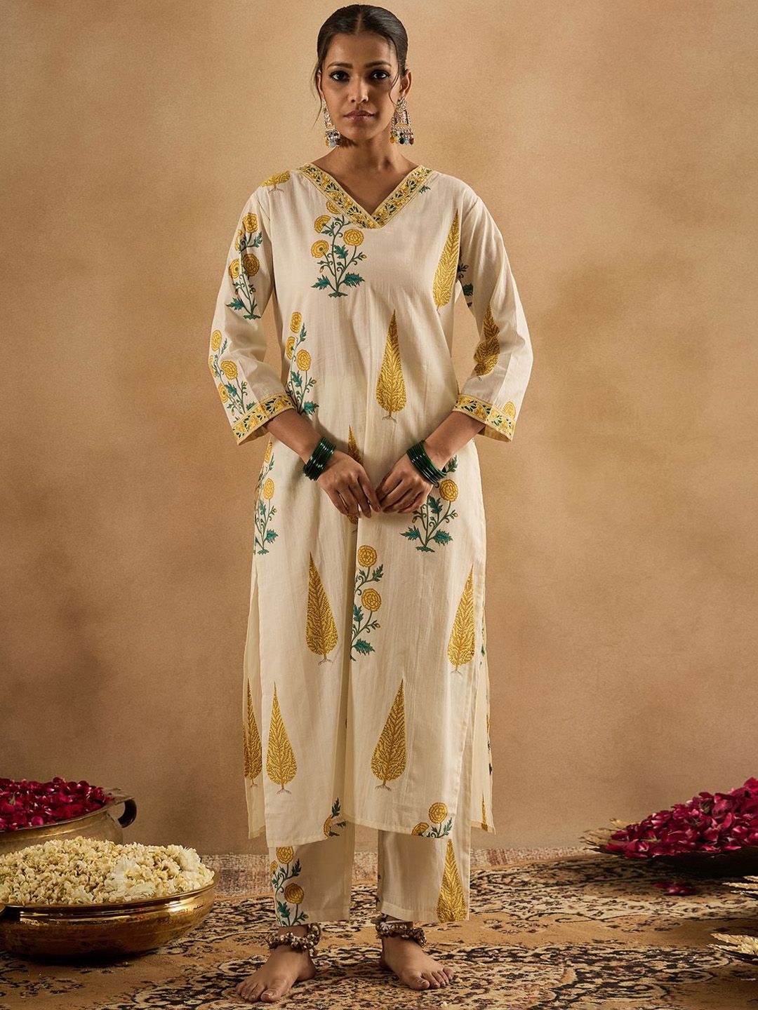 Floral Printed V-Neck Pure Cotton Straight Kurta With Trousers & Dupatta