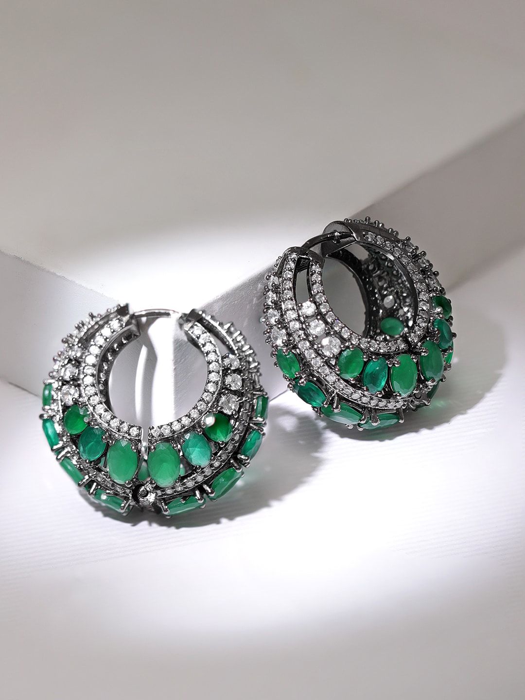 Dhiyona RJ Women's Rhodium Plated Emerald with AAA Cubic Zirconia Studded Luxurious Hoop Earrings