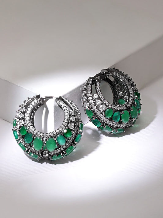 Dhiyona RJ Women's Rhodium Plated Emerald with AAA Cubic Zirconia Studded Luxurious Hoop Earrings