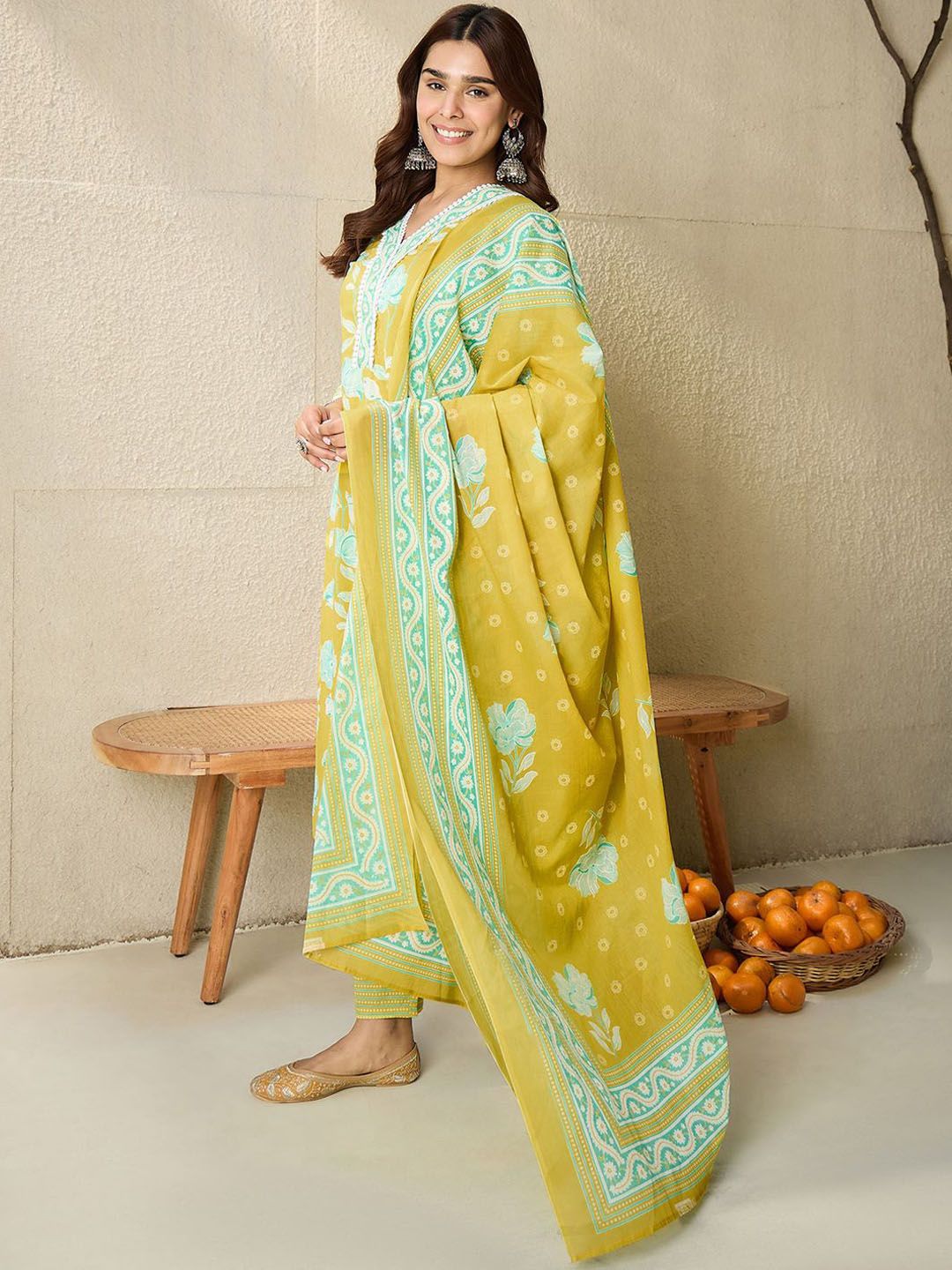 Floral Printed V-Neck Pure Cotton Straight Kurta With Trousers And Dupatta