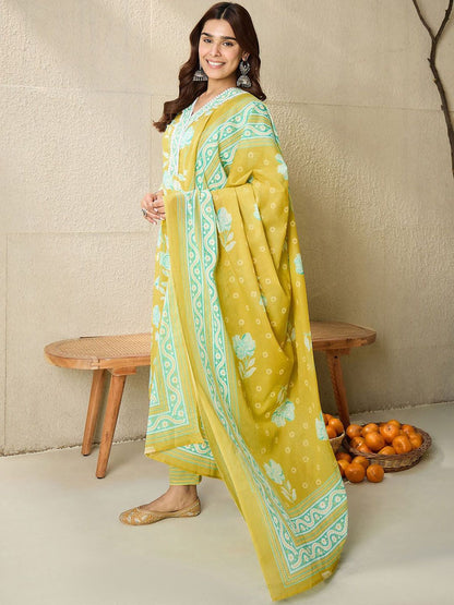 Floral Printed V-Neck Pure Cotton Straight Kurta With Trousers And Dupatta