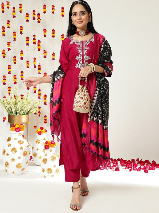 Dhiyona VA Women's Ethnic Motifs Yoke Design Zari Work Striaght Kurta & Trousers With Dupatta