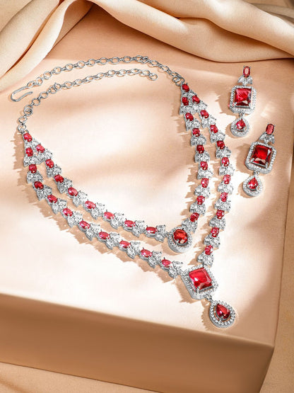 Dhiyona RJ Women's Rhodium-Plated Ruby Red & White Cubic Zirconia Studded Luxe Layered Necklace Set