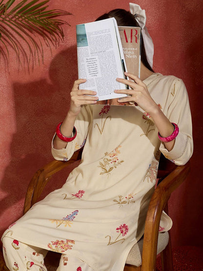 Floral Printed V-Neck Straight Kurta with Dhoti Pants