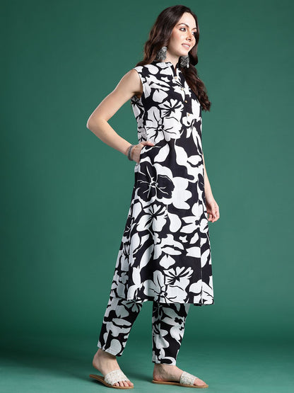Floral Printed Pleated Pure Cotton Kurta with Trousers