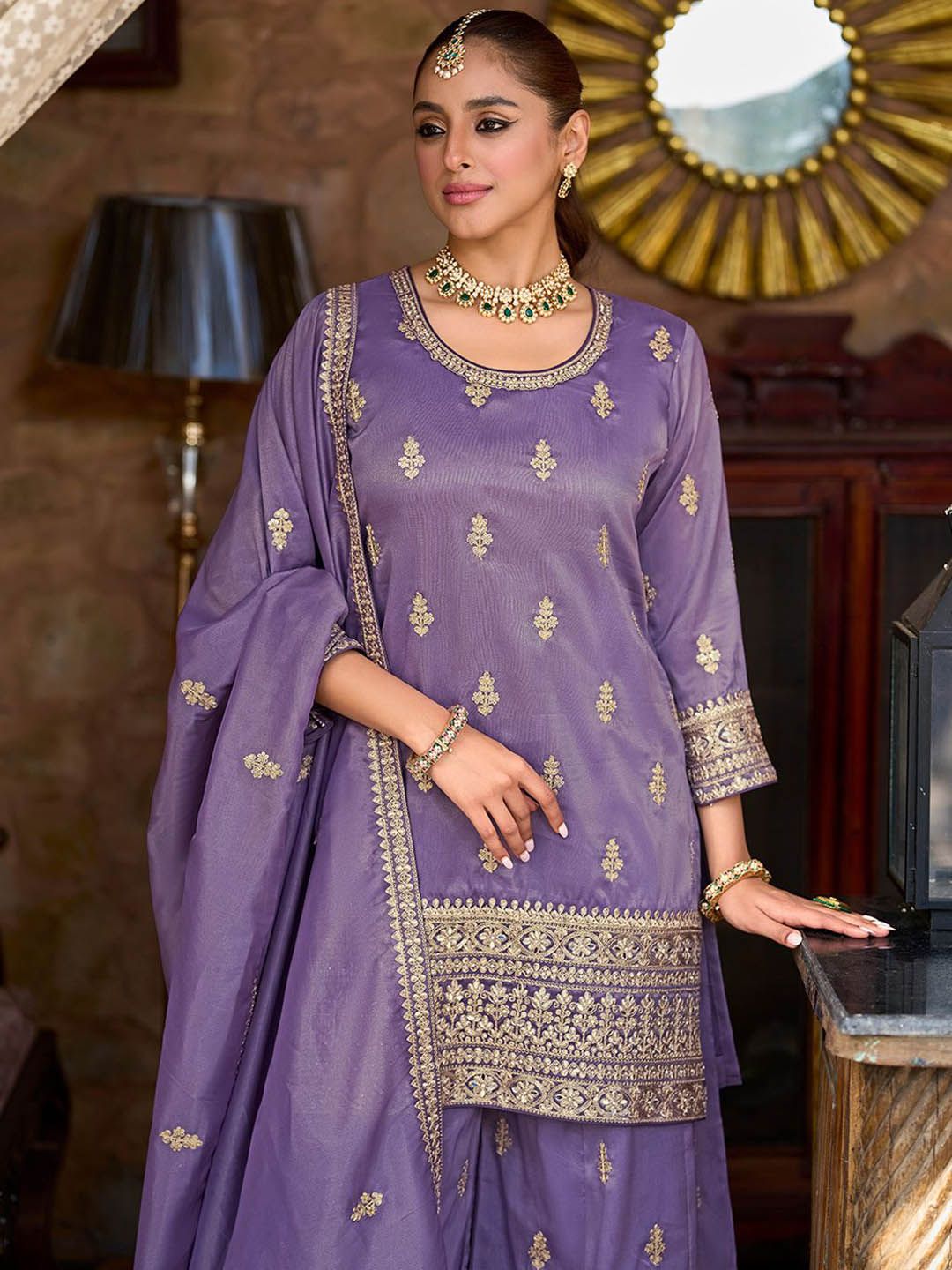 Ethnic Motifs Embroidered Round Neck Zari Straight Kurta & Palazzos With Dupatta
