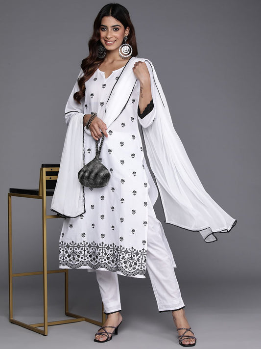 Dhiyona VA Women'sFloral Embroidered Thread Work Pure Cotton Kurta with Trousers & Dupatta