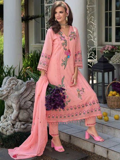 Dhiyona IE Women Floral Embroidered Regular Sequinned Pure Cotton Kurta with Trousers & With Dupatta