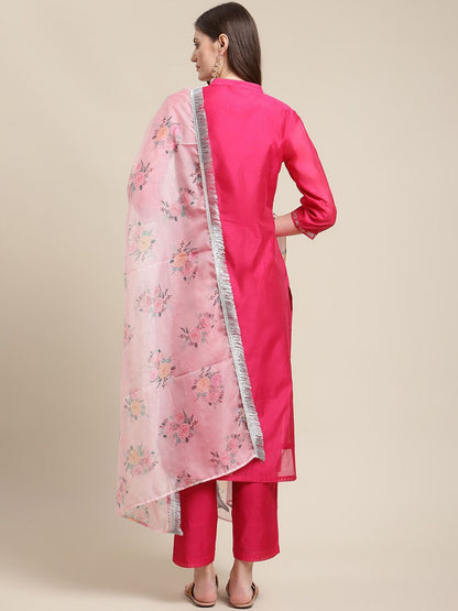 Dhiyona VA Women's Magenta Floral Chanderi Silk Kurta with Trousers & With Dupatta
