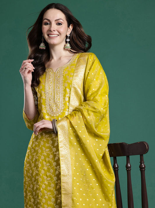 Dhiyona IE Floral Woven Design Sequinned Kurta with Trousers & With Dupatta