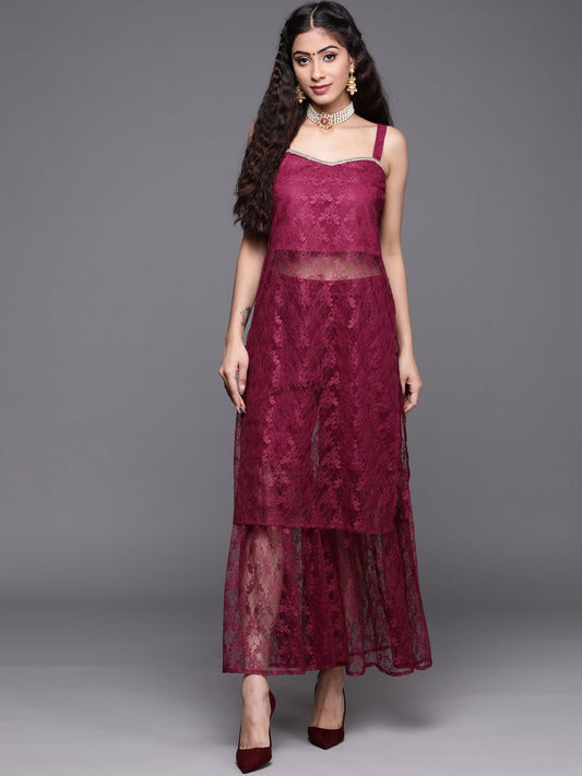 Dhiyona VA Women's Magenta Floral Lace Kurta with Sharara
