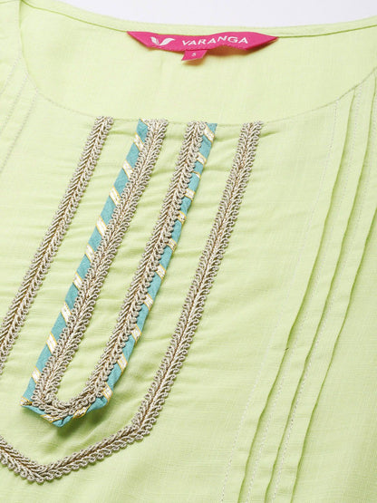 Dhiyona VA Women's Green Pleated Kurta with Trousers & Dupatta