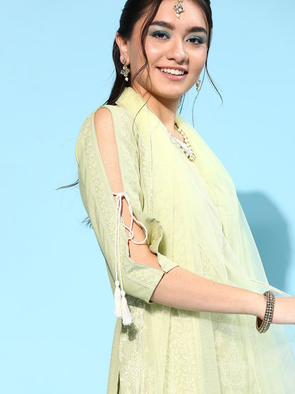 Women Sea Green Floral Printed Regular Liva Kurta with Sharara & With Dupatta