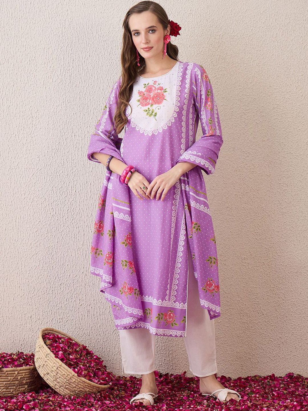 Floral Printed Sequinned Pure Cotton Straight Kurta With Trouser And Dupatta