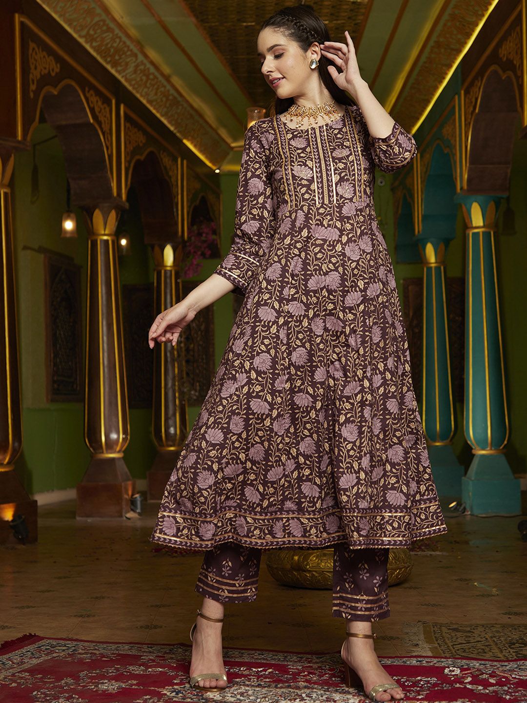 Dhiyona SN Women's Purple Floral Printed Pure Cotton Anarkali Kurta & Trouser With Dupatta