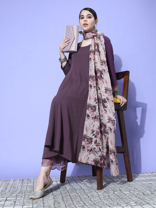 Dhiyona VA Women's Panelled Silk Crepe Kurta with Trousers & With Dupatta