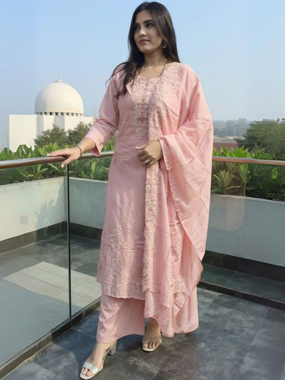 Women Floral Embroidered Cotton Kurta with Trousers & Dupatta