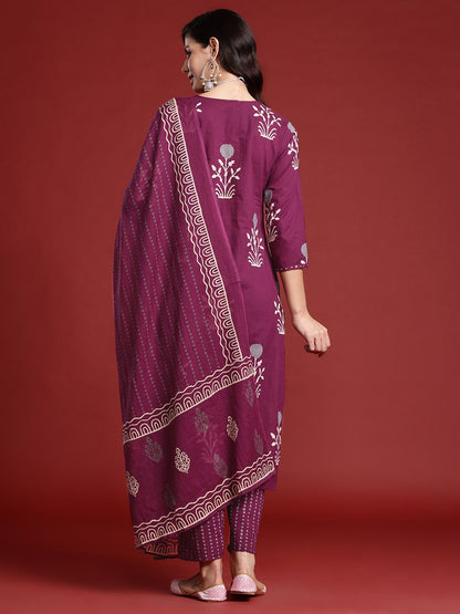 Dhiyona IE Floral Printed Pure Cotton Kurta With Trousers & Dupatta