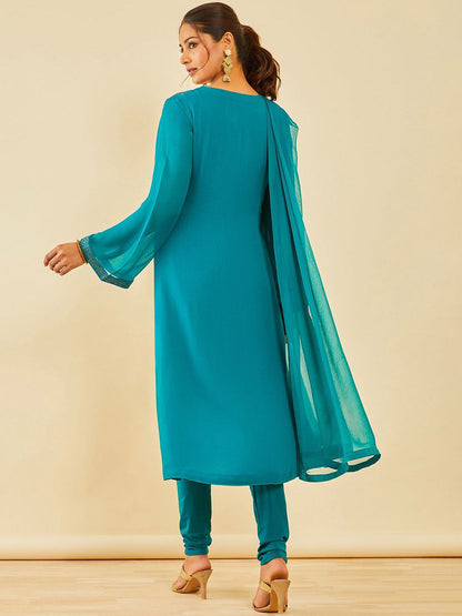 Dhiyona SO Women's Women Floral Embroidered Regular Beads and Stones Kurta with Churidar & With Dupatta