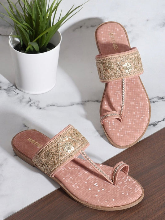 Dhiyona AK Peach-Coloured Embellished One Toe Flats