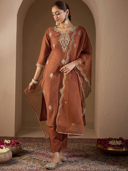 Dhiyona IE Women Ethnic Motifs Embroidered Regular Liva Kurta with Trousers & With Dupatta