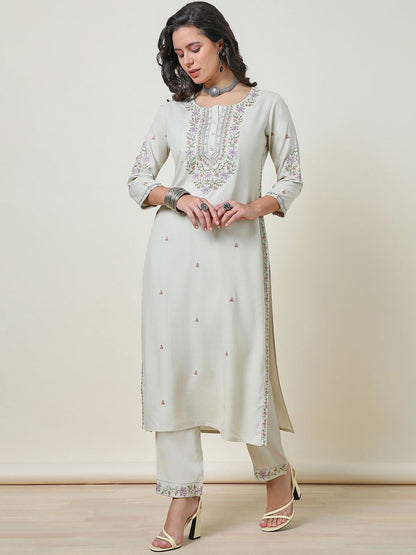 Dhiyona SO Women's Beige-Coloured Floral Embroidered Thread Work Straight Kurta With Trousers