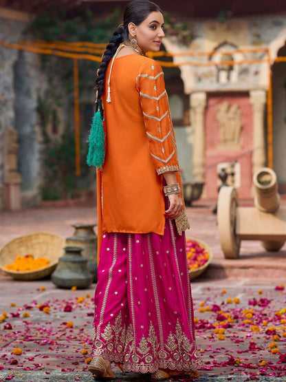 Floral Embroidered Sequinned Chinon Straight Kurta With Palazzos & Dupatta