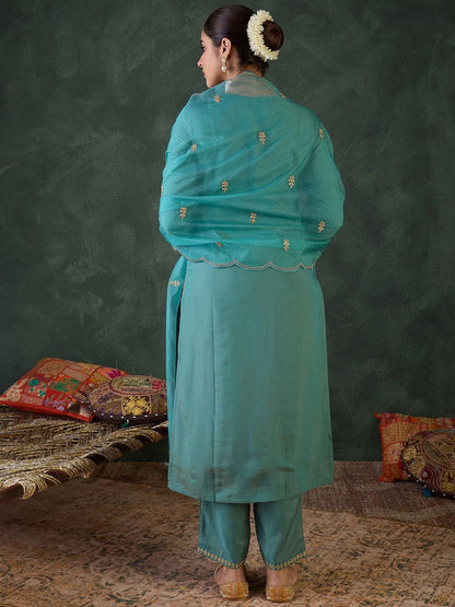 Dhiyona IE Women Ethnic Motifs Embroidered Regular Zari Kurta with Trousers & Dupatta