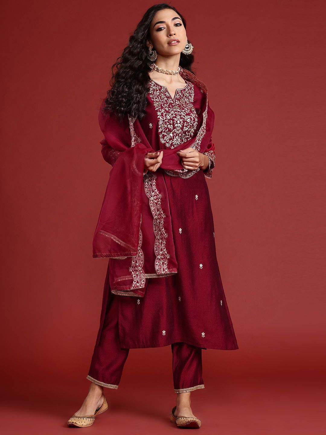Dhiyona IE Floral Embroidered Sequinned Liva Kurta With Trousers & Dupatta