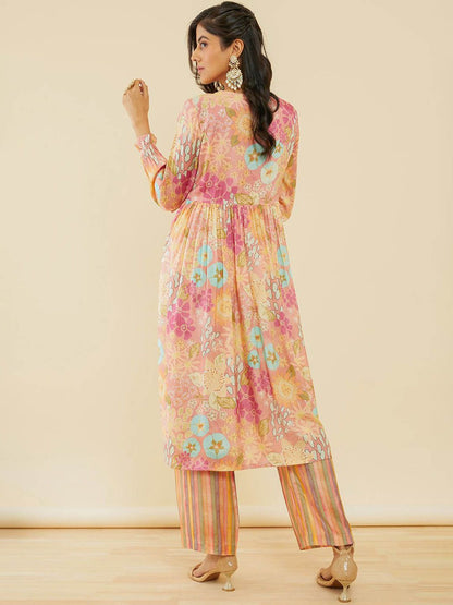 Dhiyona SO Women's Women Floral Printed Empire Beads and Stones Kurta with Trousers