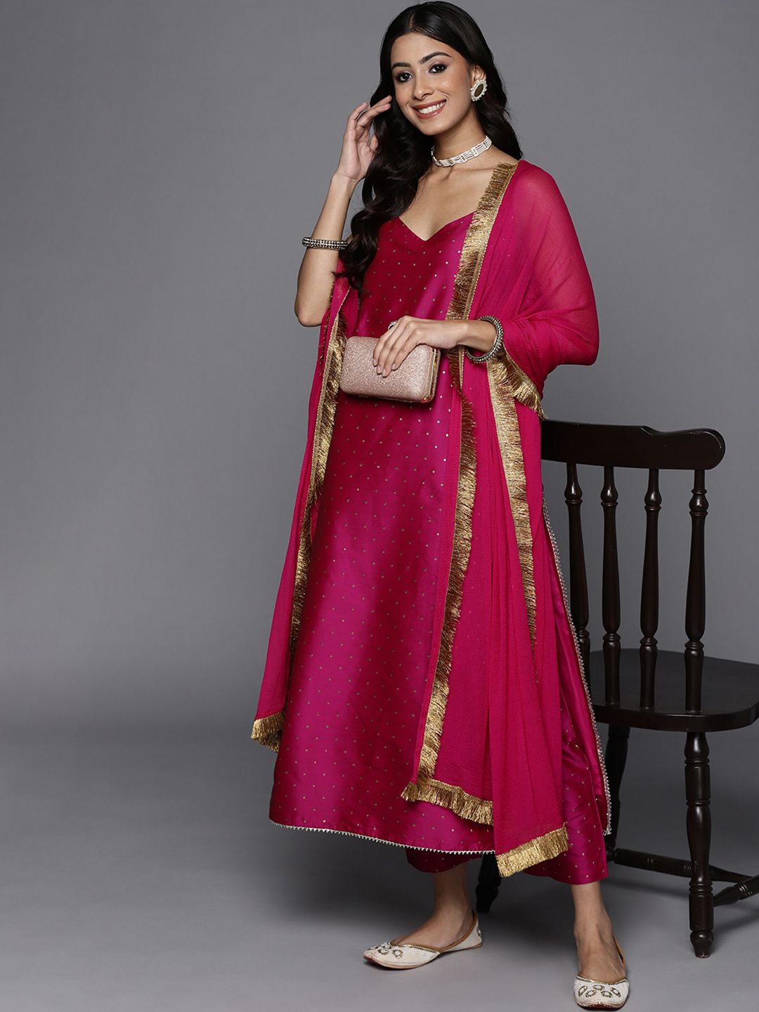 Dhiyona VA Women's Magenta Foil Printed Sleevless Kurta and Trouser with Dupatta