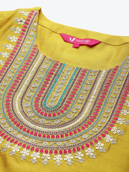Dhiyona VA Women's Mustard Yellow Embroidered Sequinned Kurta Set with Dupatta
