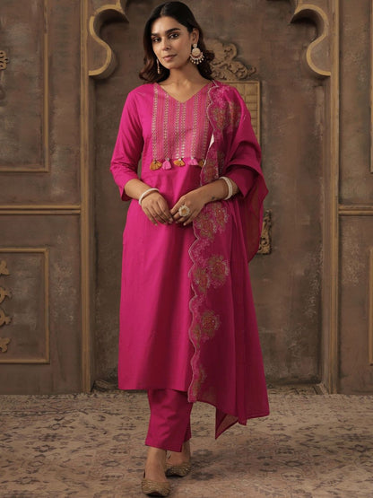 Ethnic Motifs Embroidered Thread Work Pure Cotton Kurta With Trousers & Dupatta